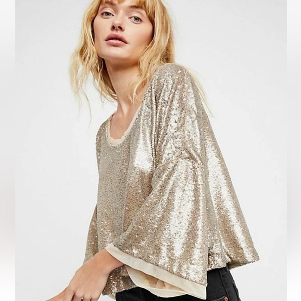 Free People Champagne Dreams Cropped Sequin Top Sz XS